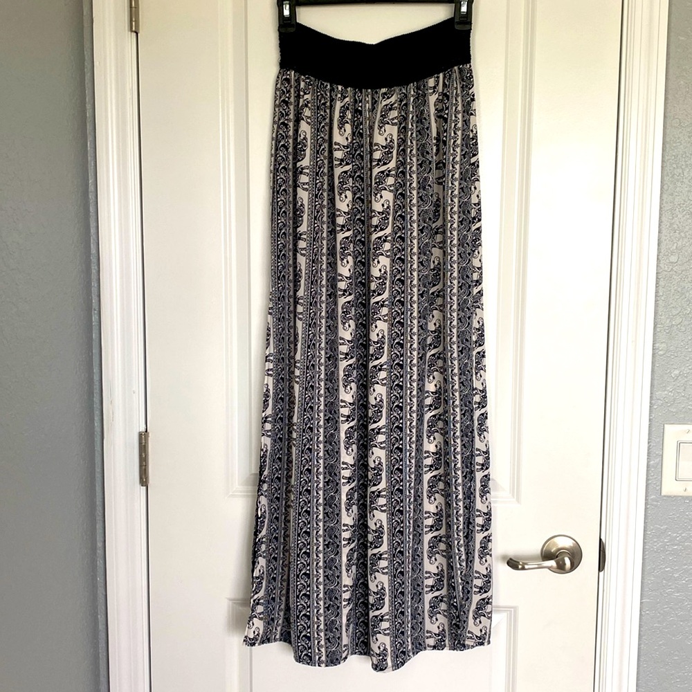 Boho Long Black and White Skirt with Slits on Both Sides. Elephant Print Design